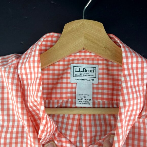 L.L.Bean Mens Orange Gingham Check Short Sleeve Button-Up Shirt Size L-Tall - Picture 4 of 6